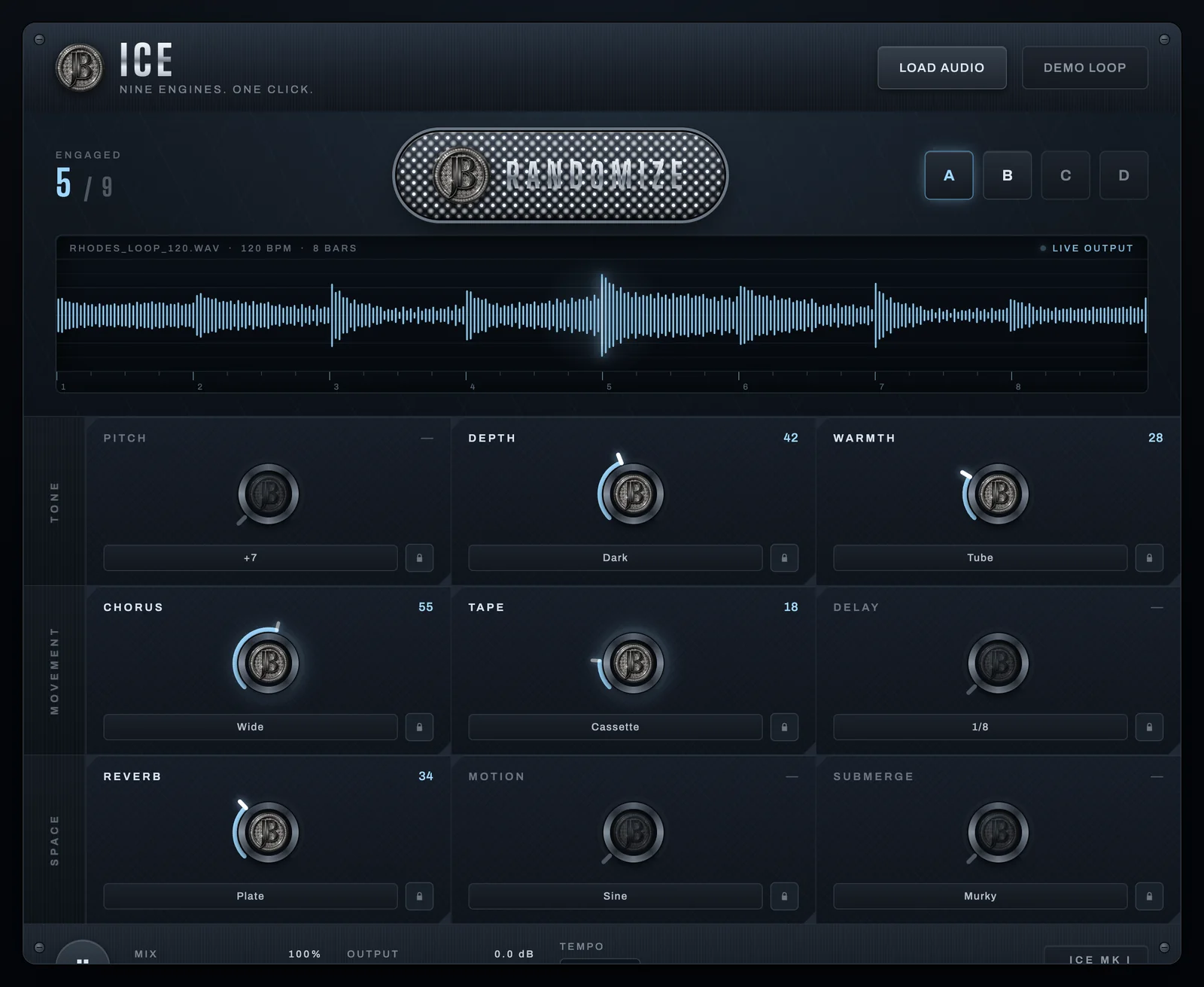 JB ICE interface: Randomize button, live waveform and nine engine knobs across tone, movement and space