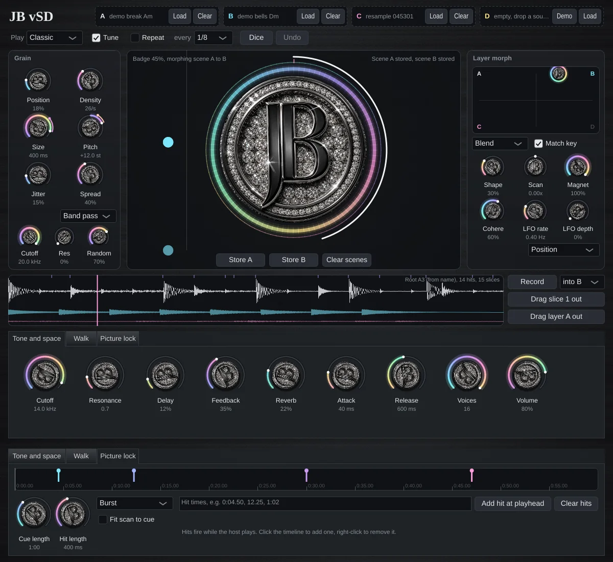JB vSD interface: granular controls, JB badge scene morph, layer morph pad and sliced waveform
